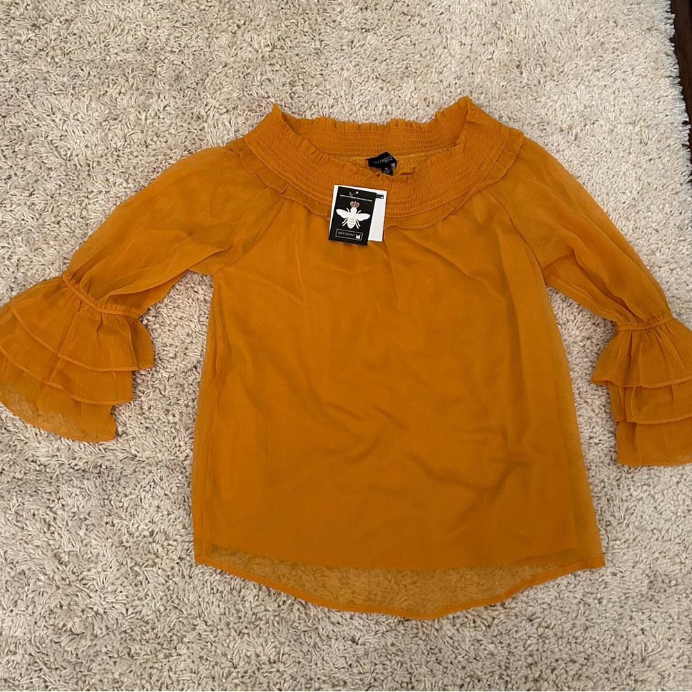 Antthony Off-the-Shoulder Ruffled Cuff Chiffon Top. In mustard color 
♥